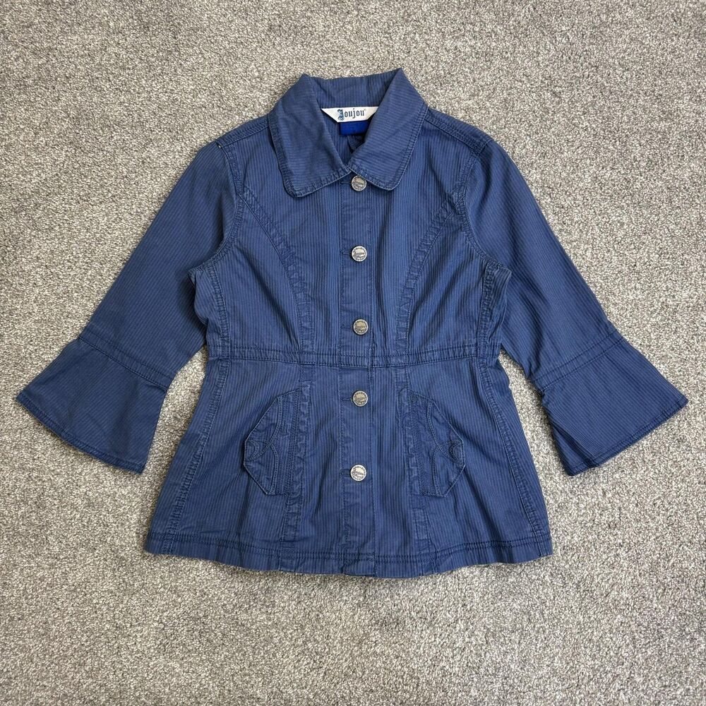 Joujou Jacket Womens Small Blue Ramie Twill Button Front Peplum Hem Pockets Y2K